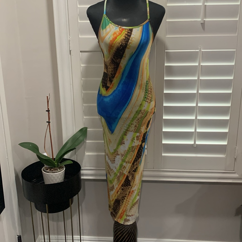Good Time USA Multi Color Spaghetti Strap Sun dress with back slit, Size  M